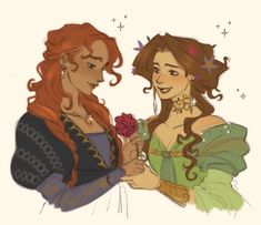 two women dressed as princesses one holding a rose and the other looking at something