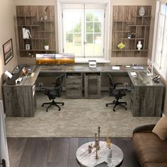 an office with two desks and chairs in front of a large window on the floor