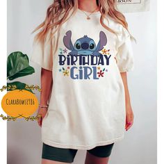 Disney Crew Neck Top For Birthday, Disney Cotton T-shirt For Birthdays, Casual Character Print Top For Birthday, Casual Cartoon Print Tops For Birthday, Casual Tops With Cartoon Print For Birthday, Casual Tops With Cartoon Print For Birthdays, Birthday Stitch, Stitch Party, Birthday Girl T Shirt