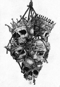 a drawing of skulls with crowns on their heads and one skull is in the middle