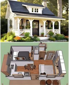 two pictures of a small house with an open floor plan, and the same photo showing what it would look like