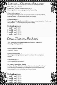 a black and white flyer with the words cleaning package on it's back side