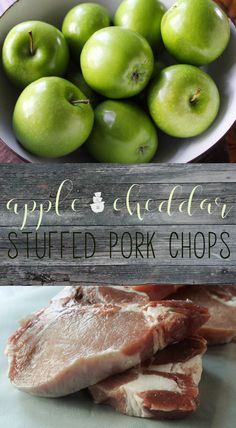 an image of apples and meat with the words apple cider stuffed pork chops