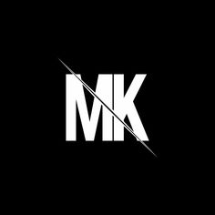 the letter mk is made up of white letters and lines on a black background