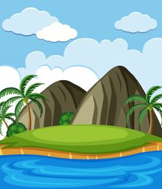 an island in the middle of the ocean with palm trees and mountains behind it illustration