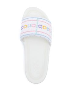 Casablanca Terry Slides - Farfetch White Beach Sneakers With Textured Sole, White Textured Sole Beach Sneakers, White Textured Sole Sneakers For Beach, Comfortable White Slides With Rubber Sole, White Textured Sole Slip-on Slides, White Flat Slippers With Textured Footbed, White Cushioned Slip-on Slippers, Comfortable White Slides With Cushioned Footbed, White Slides With Textured Footbed