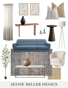 a living room with furniture and decor in white, blue, beige and grey colors