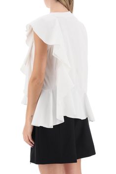 This lightweight cotton jersey top from Alexander McQueen offers an asymmetric appearance emphasized by tonal poplin ruffles. Cut to a boxy silhouette, it features one short sleeve and a crew neck. Ribbed trims, embroidered logo lettering at the upper back. The model is 177 cm tall and wears a size IT 38. Heron Preston, Jersey Top, Top Sales, Roberto Cavalli, Free Shopping, Victoria Beckham, Jimmy Choo, Accessories Design, Alexander Mcqueen