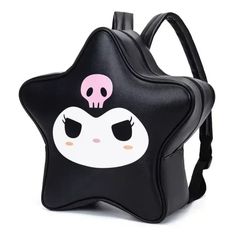 Pu Leather Harajuku Style Black Backpack For School, Black Kawaii Backpack For Students, Kawaii Black Backpack For School, Cute Black Backpack With Adjustable Strap, Cute Black Backpack For Students, Cute Black Student Backpack, Cute Black Backpack For Back To School, Novelty Black Backpack For Everyday Use, Novelty Black Backpack