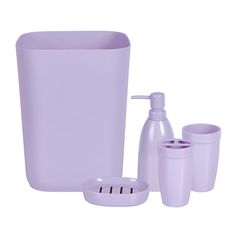 purple bathroom accessories including soap dispenser and cups