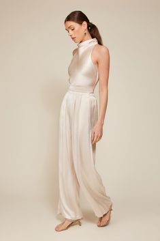 Satin Wide Leg Pants, Ivory Dress, Top Halter, Wedding Cocktails, Fascinator Hats, Pleated Pants, Handbag Shoes, Rehearsal Dinner, New Tops