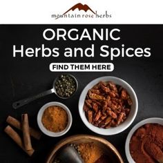 the cover of mountain rose herbs and spices, with three bowls filled with different types of spices