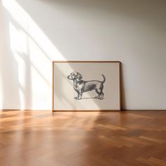 a black and white drawing of a dachshund standing in front of a wall