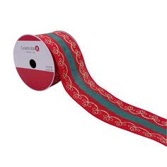 a red and green ribbon with an ornate design on the side, in front of a white background