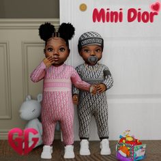 two dolls standing next to each other in front of a sign that says mini dior