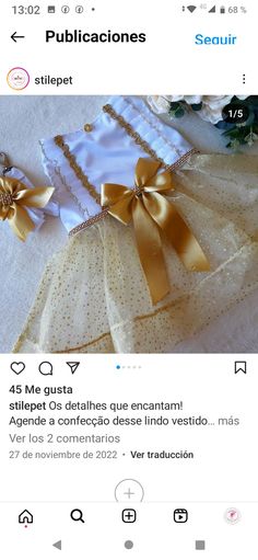 an image of a dress with gold bows on the front and back, in spanish