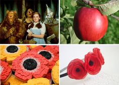 there are four different pictures with red flowers and an apple on the top one is made out of cookies