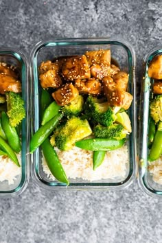 three glass containers filled with rice, broccoli and chicken on top of each other