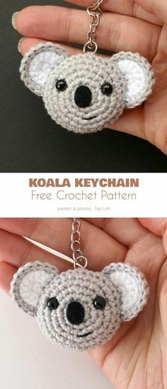 a crocheted koala keychain is shown in two different views