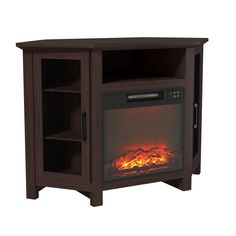 an entertainment center with a fire in the fireplace