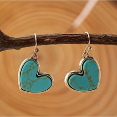 Nip Heart Shaped Turquoise Inlaid Dangle Earrings. Gold Plated Back And Ear Wires. So Cute Valentine's Day Blue Heart Earrings, Blue Bohemian Heart Earrings For Gift, Blue Bohemian Heart Earrings As Gift, Bohemian Blue Heart Earrings For Gifts, Bohemian Blue Heart Earrings As Gift, Trendy Blue Heart Earrings For Gift, Trendy Blue Heart-shaped Jewelry, Blue Heart Earrings For Gift, Nickel-free Blue Heart Earrings