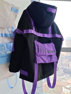 This price is for a coat only, others are not included. Collar:Banded CollarDress / Top Details:Buckle Strap / Zip ClosureMaterial:PolyesterNeckline:High NeckThickness Index:Thick Size M L XL Full Length 74 78 82 Bust 136 144 152 Sleeve Length 54 56 58 Cyberpunk Clothes, Dress Design Sketches, Casual Style Outfits, Purple And Black, Cute Fashion, Casual Style, Designer Dresses, Sleeve Length, Cool Outfits