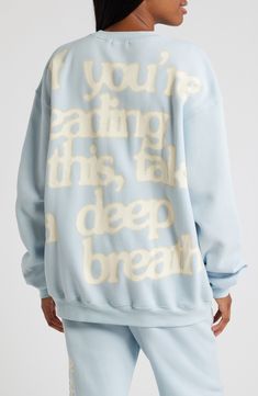 Take a deep breath and relax in a cozy, oversized sweatshirt featuring soothing colors and positive messages at the front and back. Crewneck Long sleeves 50% cotton, 50% polyester Machine wash, dry flat Imported Mayfair Group Sweatshirt, Sweat Set Design, God Sweatshirts, Artsy Sweatshirt, Comfy Gifts, Fitness Merch, Crewneck Designs, Girly Sweatshirt, Jesus Crewneck