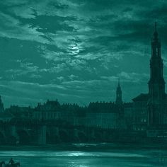 an old photo of a city at night with the moon in the sky above it