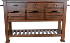 a wooden table with drawers and wheels on the bottom shelf, against a white background