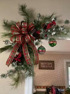 a christmas wreath hanging from the side of a door