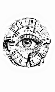 a drawing of an eye with roman numerals on the face and clock faces