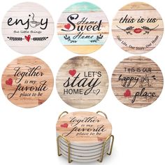 six wooden coasters with different sayings on them