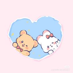 two teddy bears in the shape of a heart on a blue and pink background with stars