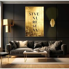 a living room with black walls and gold accents on the wall is furnished with modern furniture