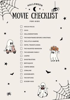 a halloween movie checklist for kids with ghostes and pumpkins on the list