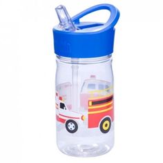 a glass water bottle with a blue lid and a plastic straw in the shape of a firetruck