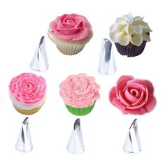 six cupcakes with pink and white frosting in different shapes, sizes and colors