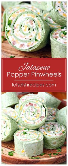 spinach and cheese pinwheels on a wooden platter with text overlay