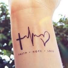 a wrist tattoo with the words faith, hope and love written in black ink on it