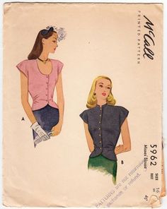 McCall 5962; ©1945; Misses' Blouse | Vintage Patterns Wikia Historical Patterns, 1940s Woman, Pattern Dress Women, Womens Clothing Patterns, Adored Vintage, Womens Playsuits, Peplum Blouse, Classic Fashion