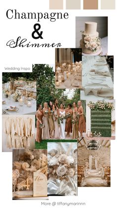 a collage of photos with champagne and white wedding colors