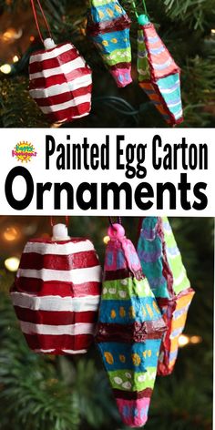 egg cartons painted with acrylic paint to look like vintage ornaments Christmas Tree Egg Carton, Egg Carton Ornaments Kids Crafts, Crafts With Egg Boxes, Christmas Crafts Egg Carton, Easy Kids Diy Ornaments, Repurposed Egg Cartons, Egg Carton Christmas Tree Ornaments, Egg Carton Winter Crafts, Egg Crate Christmas Crafts