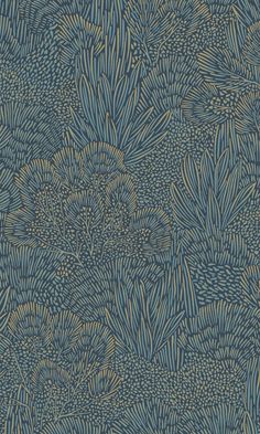 a blue and gold wallpaper with leaves on it