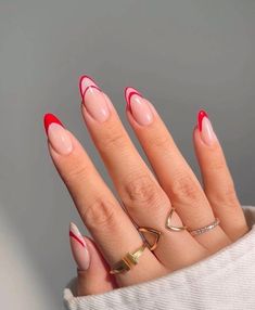 Red Tip Nails, Unghie Nail Art, Nail Swag, Heart Nails, روتين العناية بالبشرة, French Tip Nails