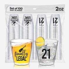 three shot glasses with the number twenty and two different types of shots in them, one is