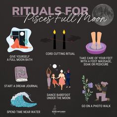 the rituals for pisces - full moon poster is shown on a black background