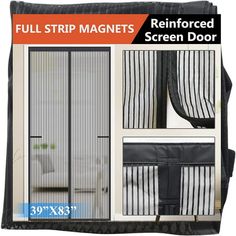 the full strip magnets screen door is shown in black and white striped fabric, with three