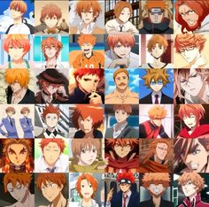 many different anime characters with red hair and orange eyes, all looking at the camera