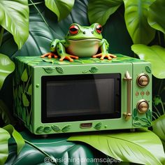 a frog sitting on top of a green microwave