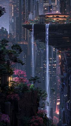 a futuristic city at night with waterfall and trees